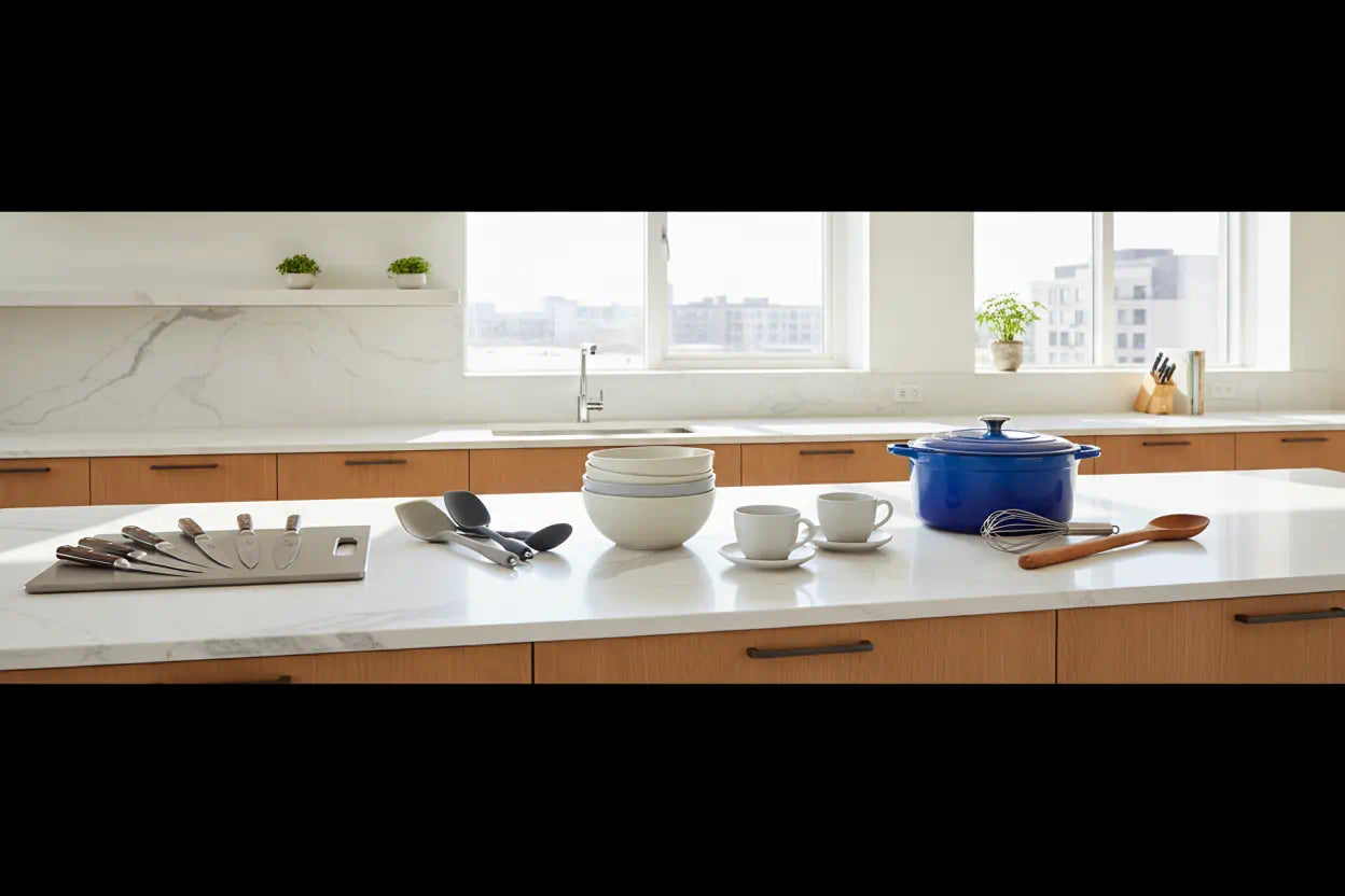 Modern kitchen with white countertops and wooden cabinets