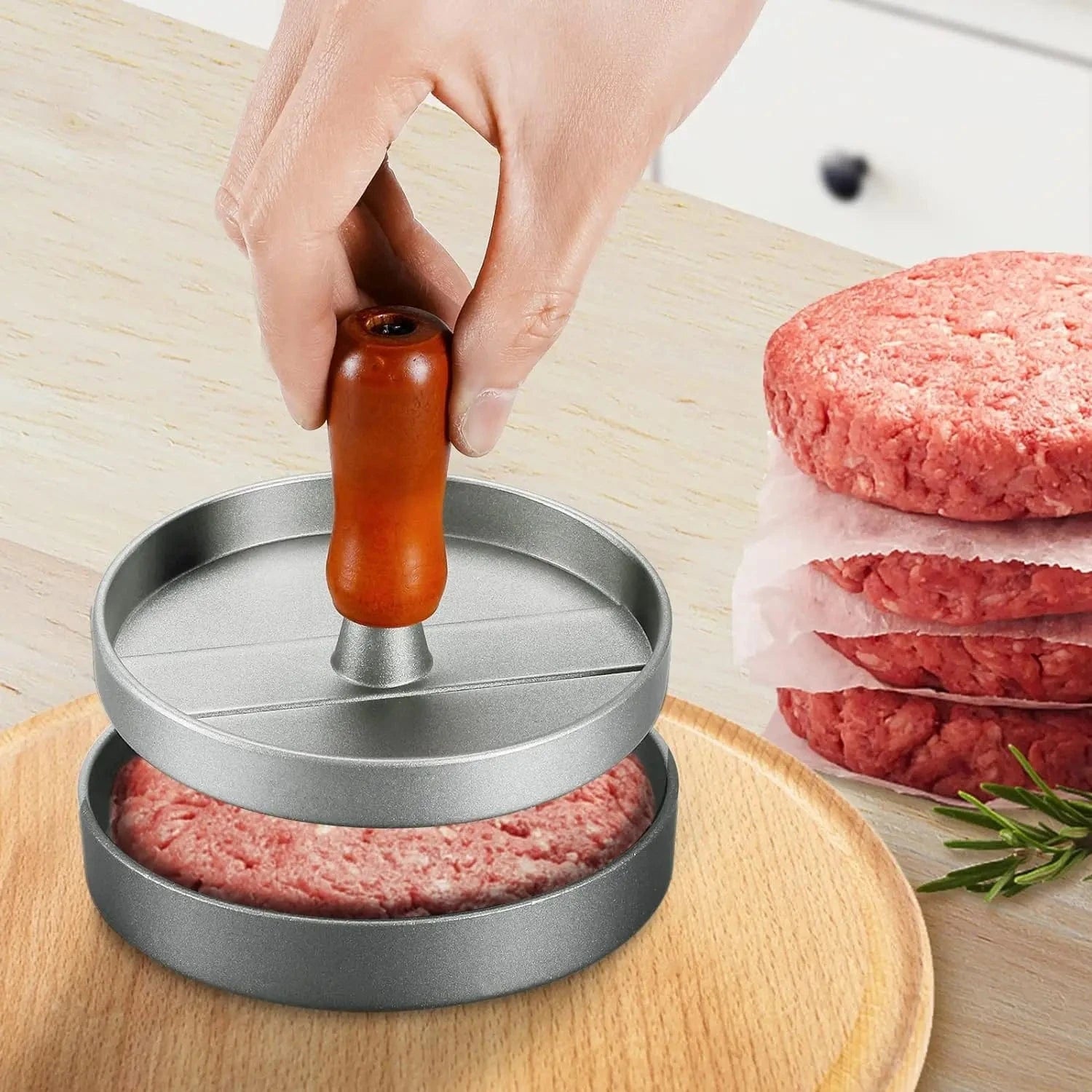 Burger Press Patty Maker Stainless Steel Hamburger Patty Press Mold Wood Handle Non - Stick with 100 Patty Papers - KitchenKlout
