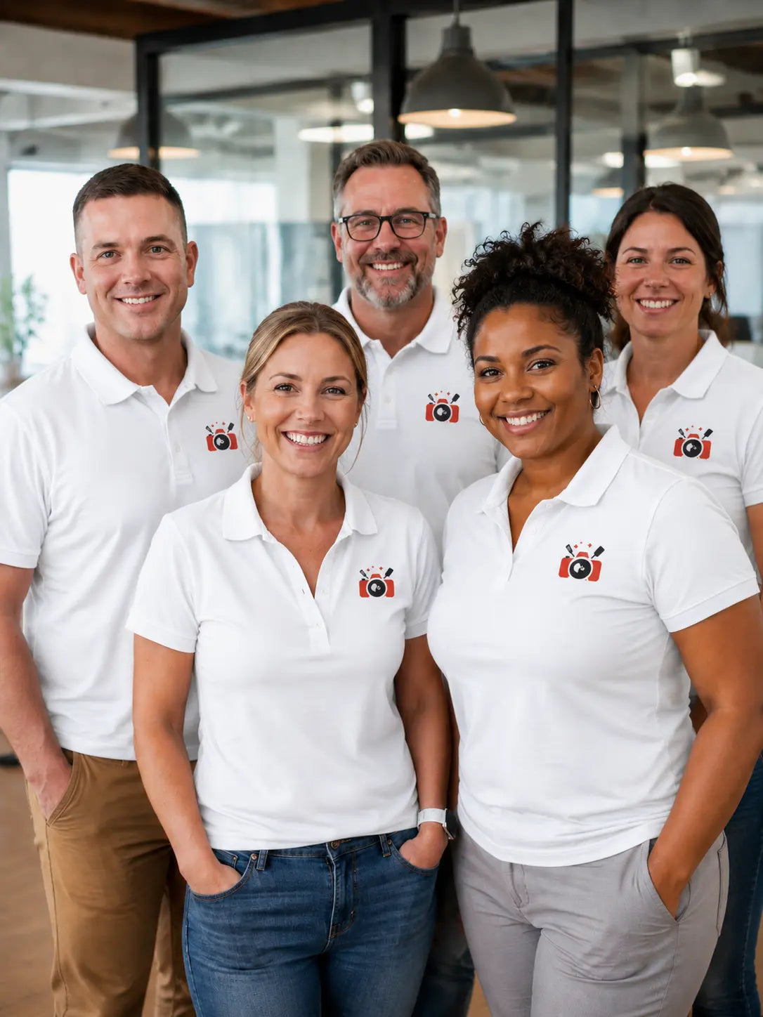 Group of people wearing white polos with a logo in an office setting