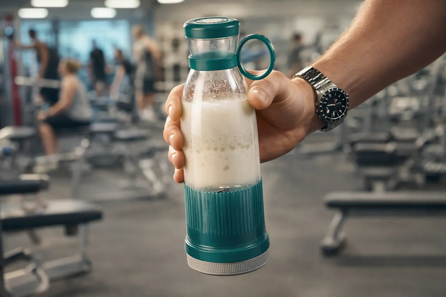 Person holding a protein shake in a gym setting