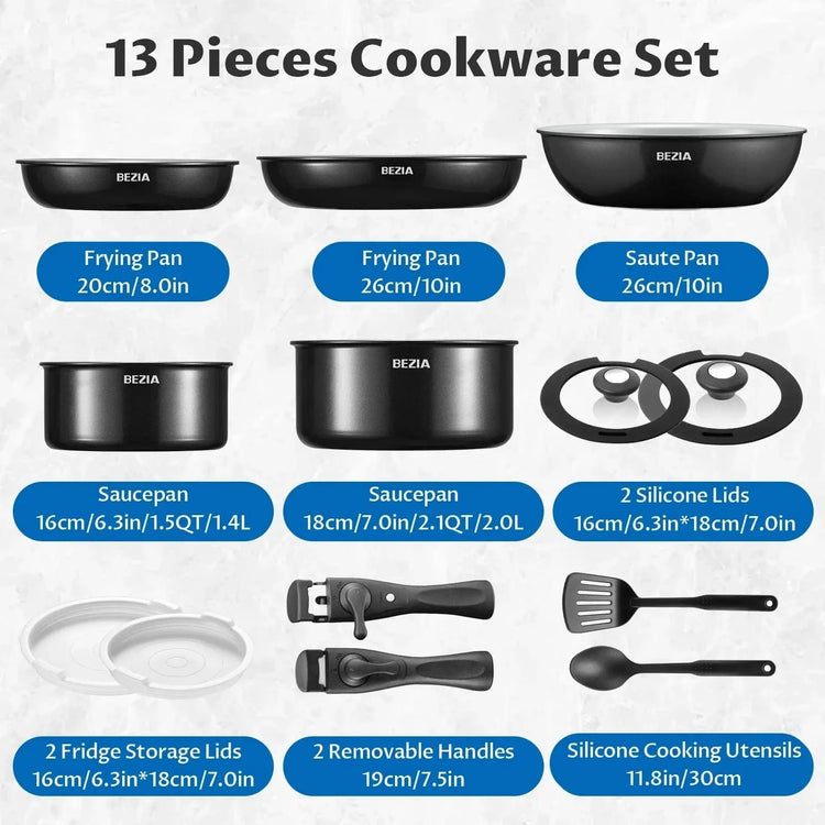 Induction Cookware with Healthy Ceramic Coating, Nonstick Pots and Pans Set 13pcs with Detachable Handles - KitchenKlout