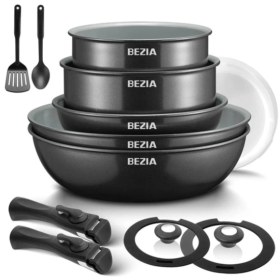 Induction Cookware with Healthy Ceramic Coating, Nonstick Pots and Pans Set 13pcs with Detachable Handles - KitchenKlout