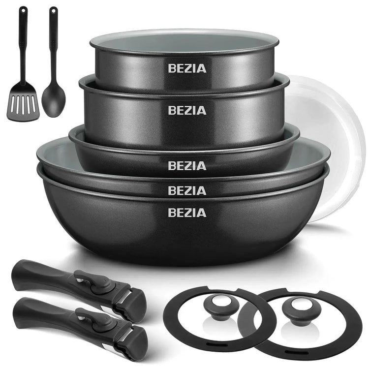 Induction Cookware with Healthy Ceramic Coating, Nonstick Pots and Pans Set 13pcs with Detachable Handles - KitchenKlout