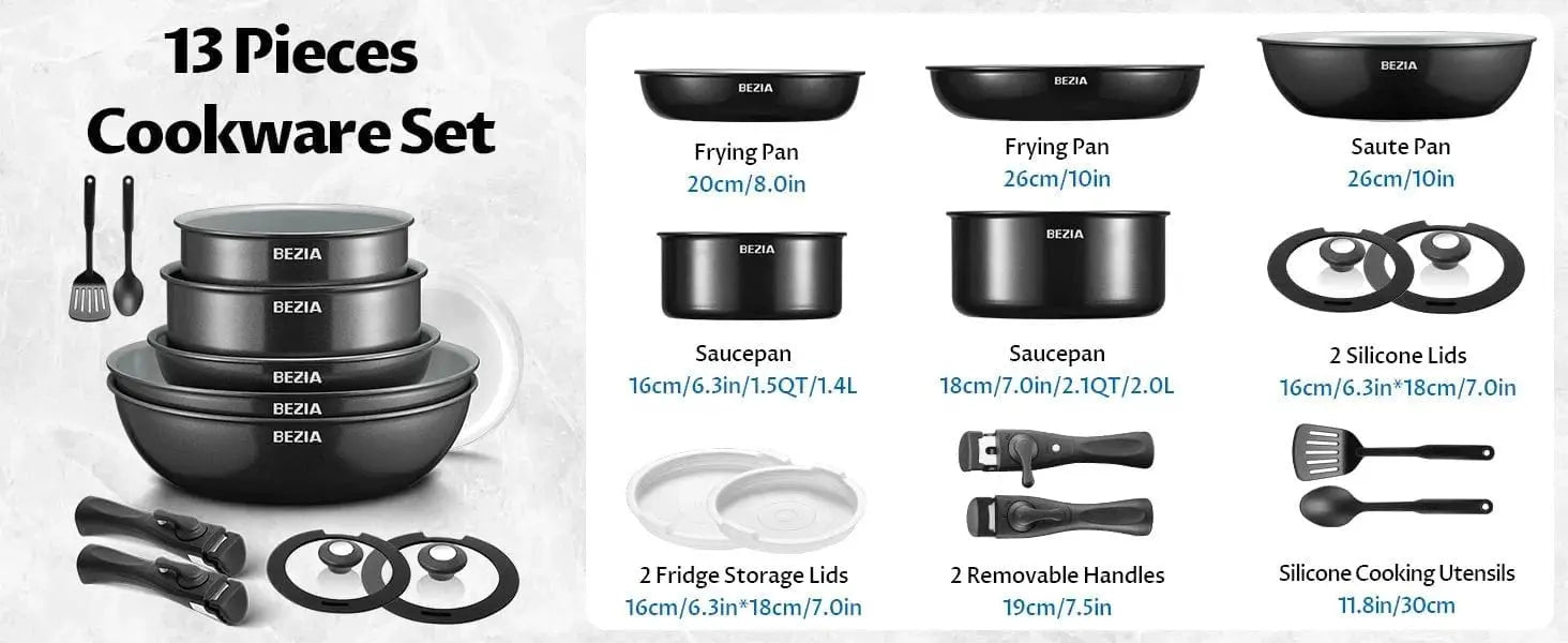 Induction Cookware with Healthy Ceramic Coating, Nonstick Pots and Pans Set 13pcs with Detachable Handles - KitchenKlout