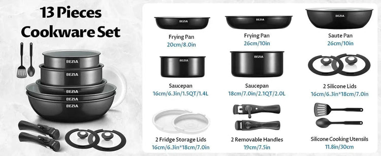 Induction Cookware with Healthy Ceramic Coating, Nonstick Pots and Pans Set 13pcs with Detachable Handles - KitchenKlout