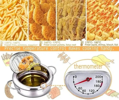 Japanese stainless steel deep fry pot with thermometer and lid