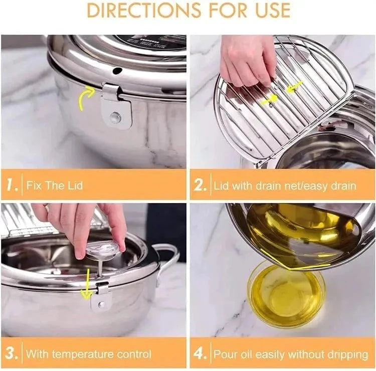 Japanese stainless steel deep fry pot with thermometer and lid