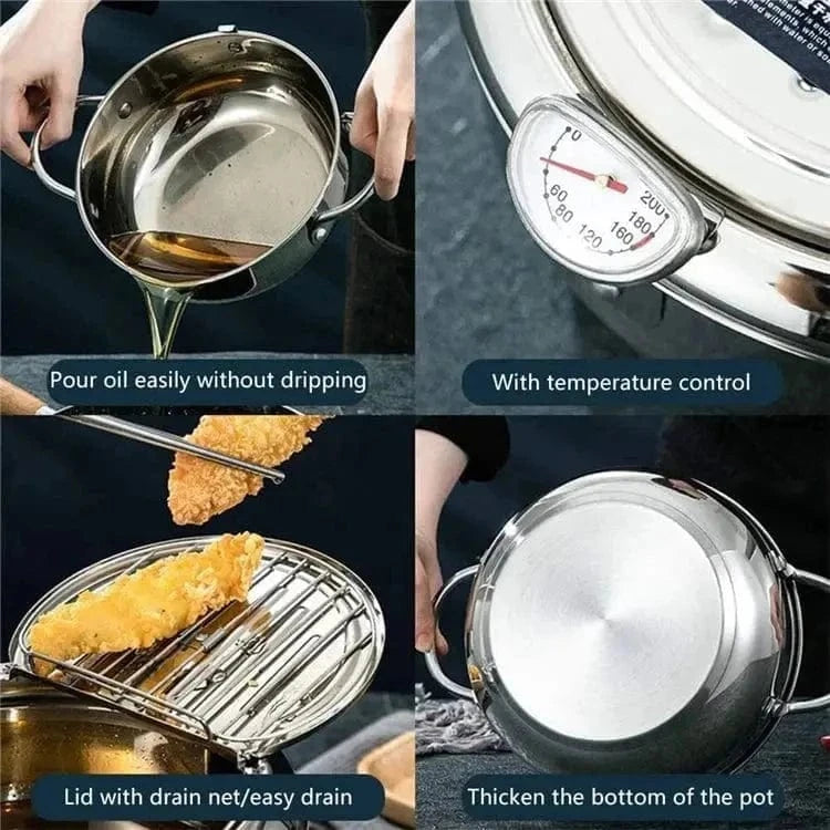 Japanese stainless steel deep fry pot with thermometer and lid