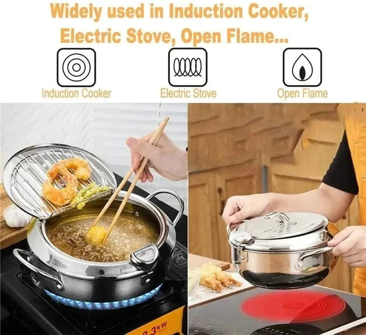 Japanese stainless steel deep fry pot with thermometer and lid