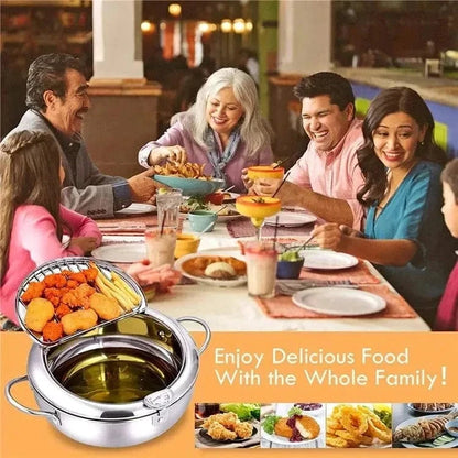 Japanese stainless steel deep fry pot with thermometer and lid