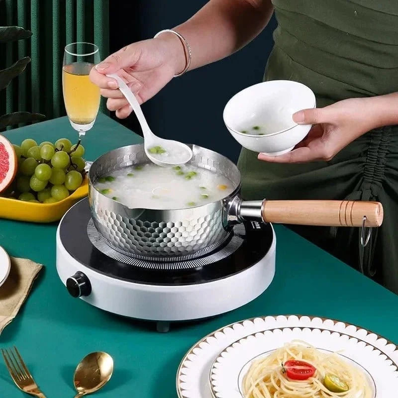 Japanese Snowflake Stainless Steel Pot - Non - Stick, Uncoated, with Spout for Cooking, Noodles, or Milk - KitchenKlout