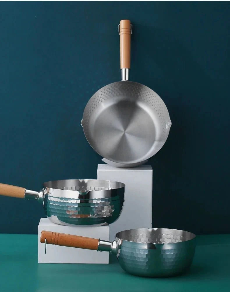 Japanese Snowflake Stainless Steel Pot - Non - Stick, Uncoated, with Spout for Cooking, Noodles, or Milk - KitchenKlout