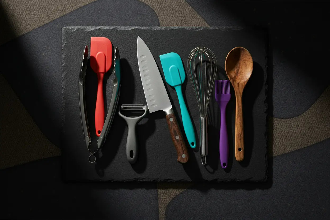 A set of KitchenKlout utensils arranged on a black slate board, including a red silicone spatula, metal tongs, a gray peeler, a chef's knife, a turquoise spatula, a whisk, a purple brush, and a wooden spoon, photographed from above on a dark patterned surface.