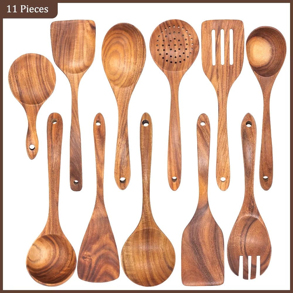 Natural Teak Wood Kitchen Tool Set: Spoon, Ladle, Turner, Rice Colander, and Soup Skimmer - KitchenKlout