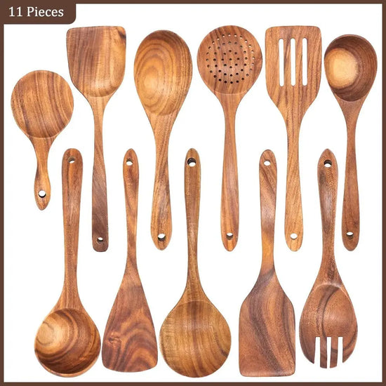 Natural Teak Wood Kitchen Tool Set: Spoon, Ladle, Turner, Rice Colander, and Soup Skimmer - KitchenKlout