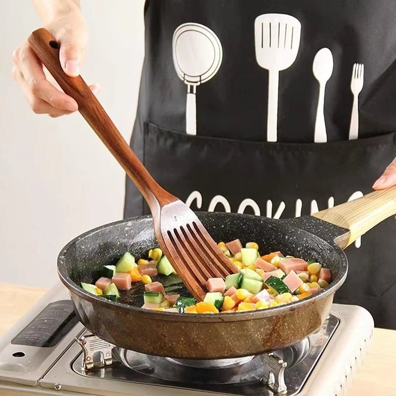 Natural Teak Wood Kitchen Tool Set: Spoon, Ladle, Turner, Rice Colander, and Soup Skimmer - KitchenKlout