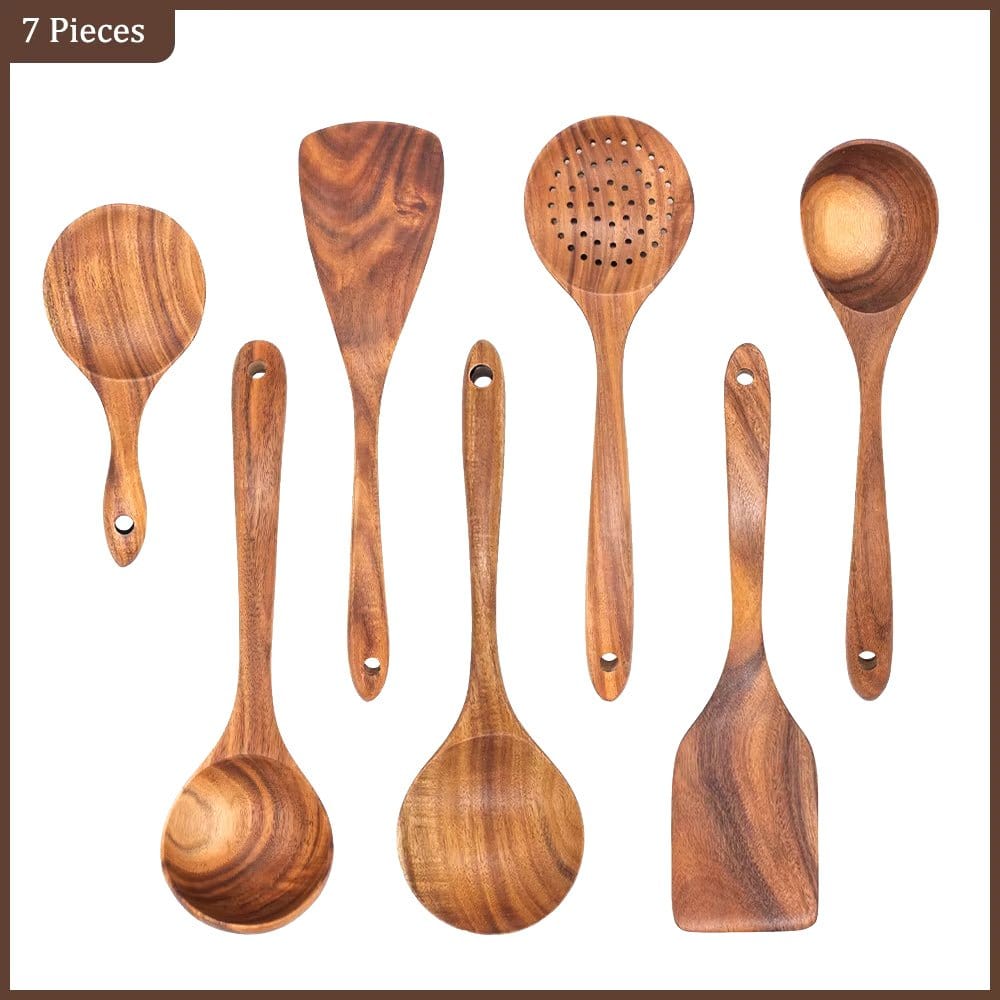 Natural Teak Wood Kitchen Tool Set: Spoon, Ladle, Turner, Rice Colander, and Soup Skimmer - KitchenKlout
