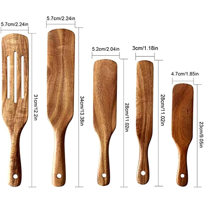 Natural Teak Wood Kitchen Tool Set: Spoon, Ladle, Turner, Rice Colander, and Soup Skimmer - KitchenKlout