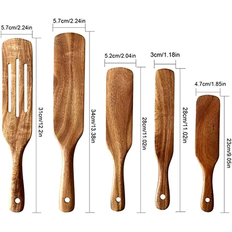 Natural Teak Wood Kitchen Tool Set: Spoon, Ladle, Turner, Rice Colander, and Soup Skimmer - KitchenKlout
