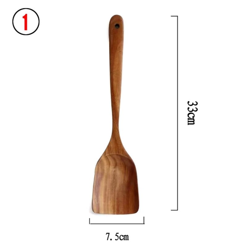 Natural Teak Wood Kitchen Tool Set: Spoon, Ladle, Turner, Rice Colander, and Soup Skimmer - KitchenKlout
