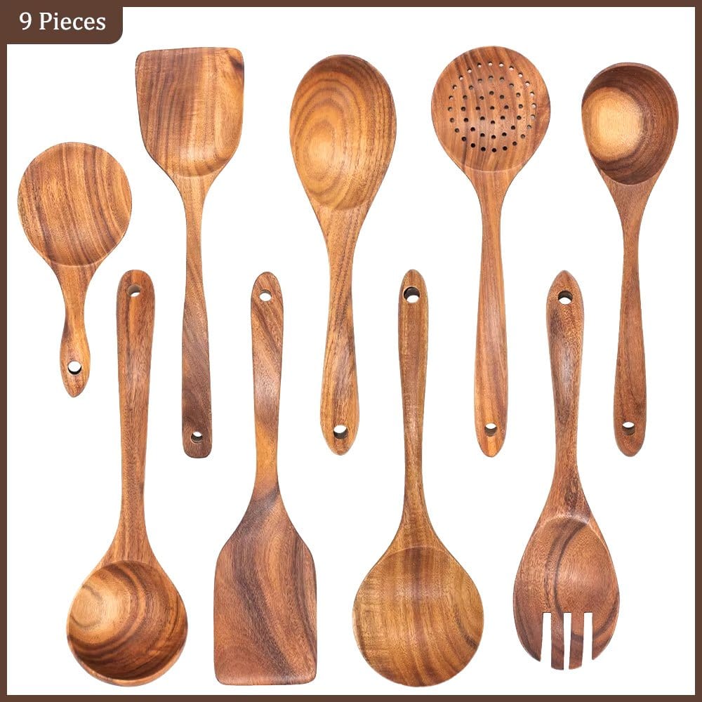 Natural Teak Wood Kitchen Tool Set: Spoon, Ladle, Turner, Rice Colander, and Soup Skimmer - KitchenKlout