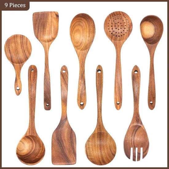 Natural Teak Wood Kitchen Tool Set: Spoon, Ladle, Turner, Rice Colander, and Soup Skimmer - KitchenKlout