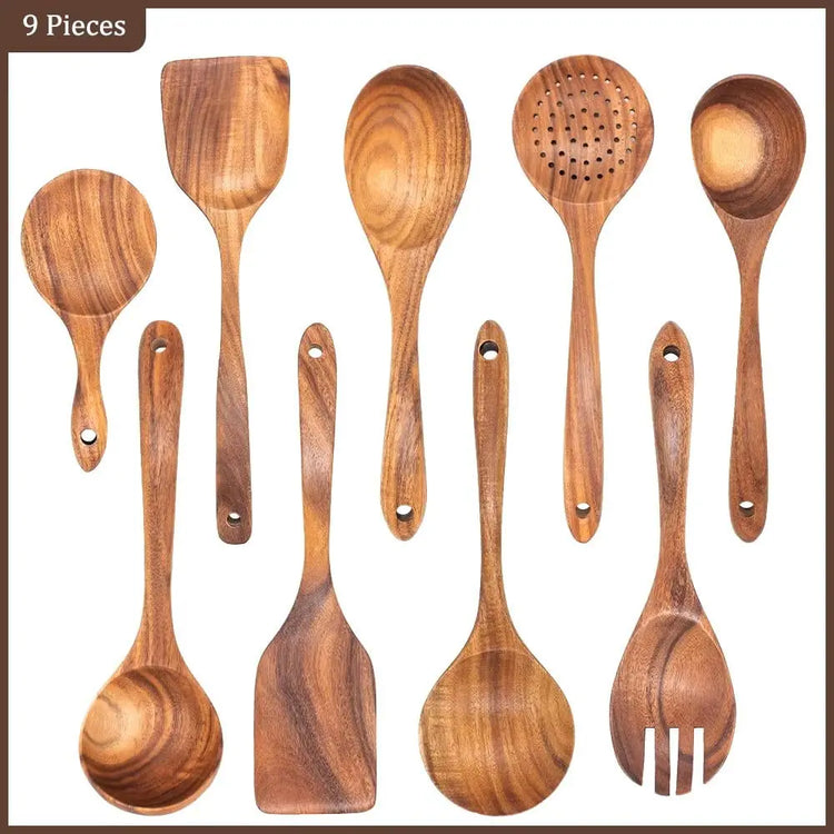 Natural Teak Wood Kitchen Tool Set: Spoon, Ladle, Turner, Rice Colander, and Soup Skimmer - KitchenKlout