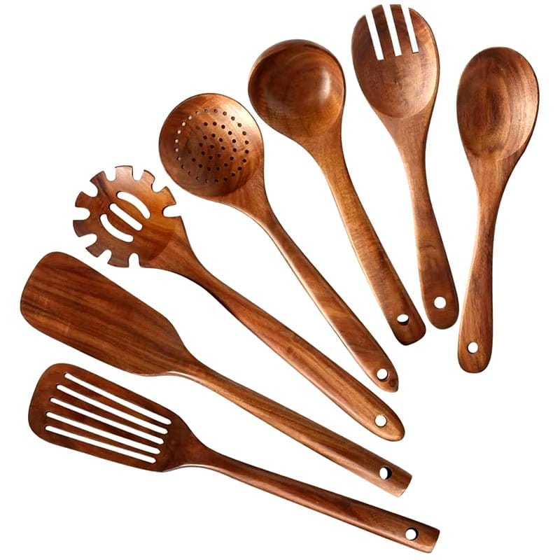 Natural Teak Wood Kitchen Tool Set: Spoon, Ladle, Turner, Rice Colander, and Soup Skimmer - KitchenKlout