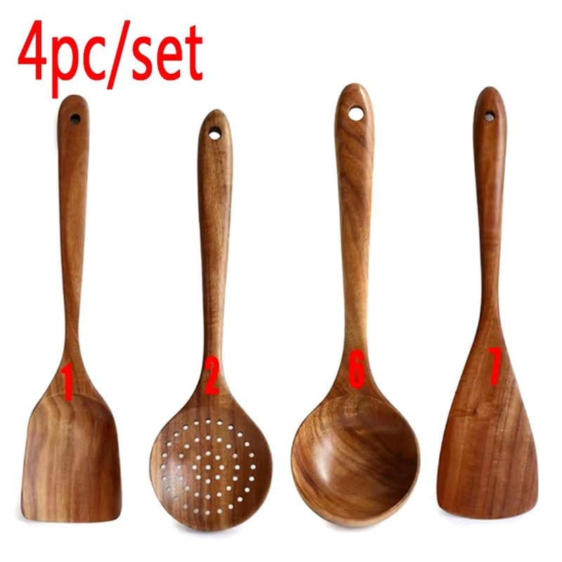 Natural Teak Wood Kitchen Tool Set: Spoon, Ladle, Turner, Rice Colander, and Soup Skimmer - KitchenKlout