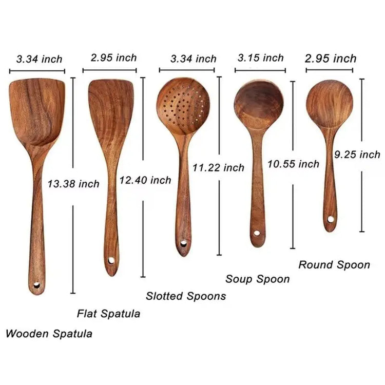 Natural Teak Wood Kitchen Tool Set: Spoon, Ladle, Turner, Rice Colander, and Soup Skimmer - KitchenKlout