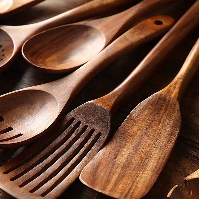 Natural Teak Wood Kitchen Tool Set: Spoon, Ladle, Turner, Rice Colander, and Soup Skimmer - KitchenKlout