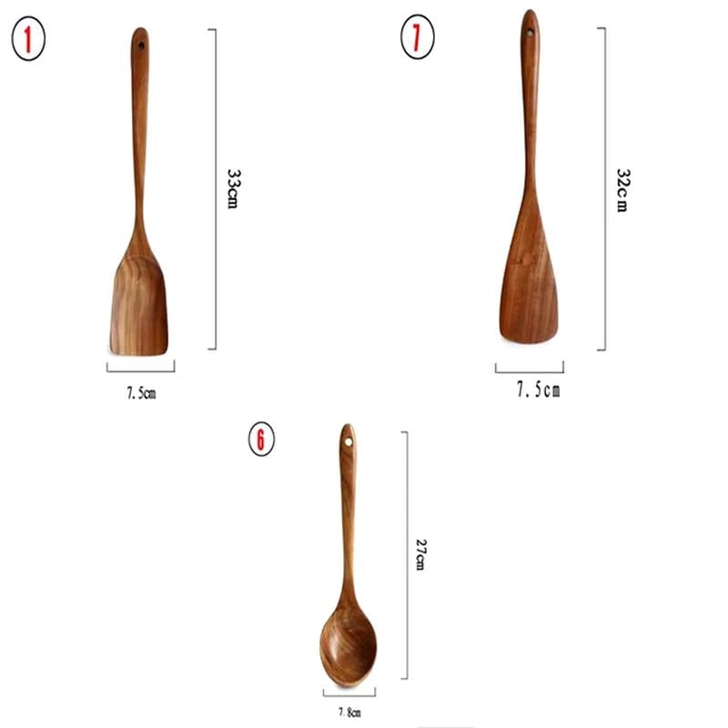 Natural Teak Wood Kitchen Tool Set: Spoon, Ladle, Turner, Rice Colander, and Soup Skimmer - KitchenKlout
