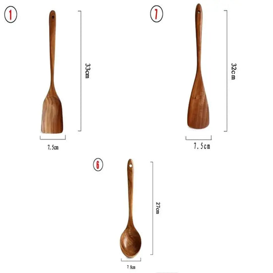 Natural Teak Wood Kitchen Tool Set: Spoon, Ladle, Turner, Rice Colander, and Soup Skimmer - KitchenKlout