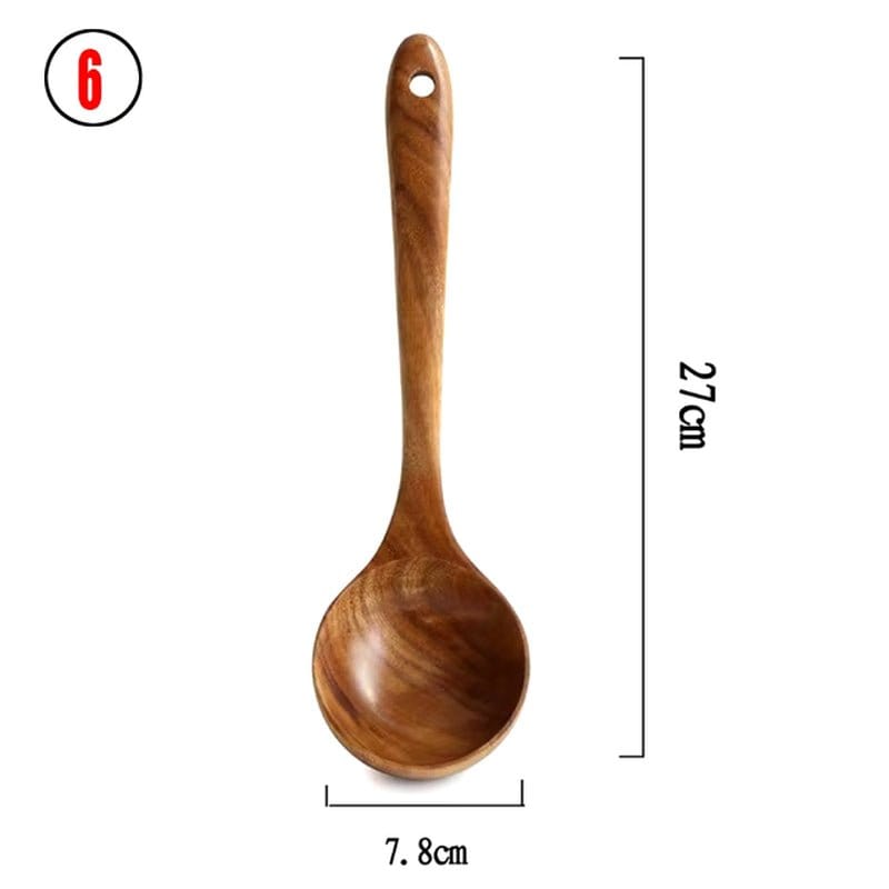 Natural Teak Wood Kitchen Tool Set: Spoon, Ladle, Turner, Rice Colander, and Soup Skimmer - KitchenKlout