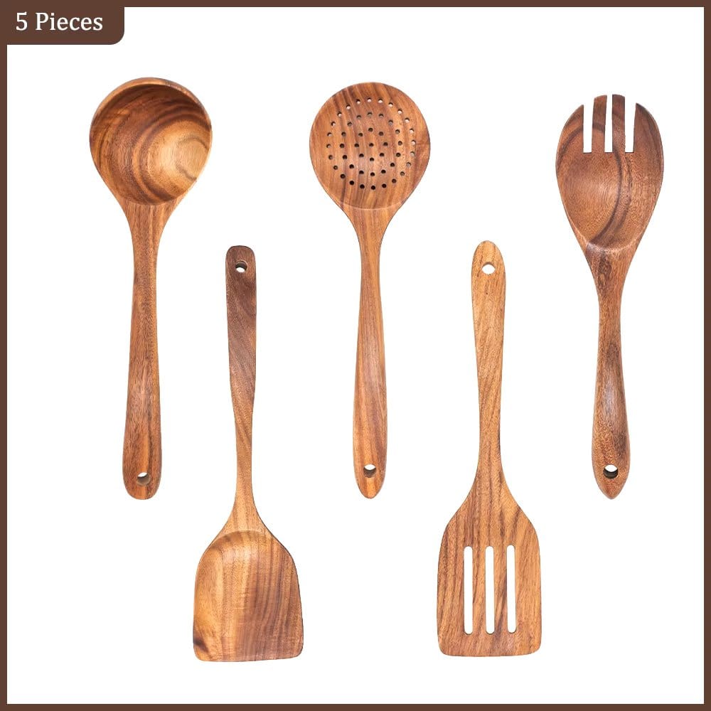 Natural Teak Wood Kitchen Tool Set: Spoon, Ladle, Turner, Rice Colander, and Soup Skimmer - KitchenKlout