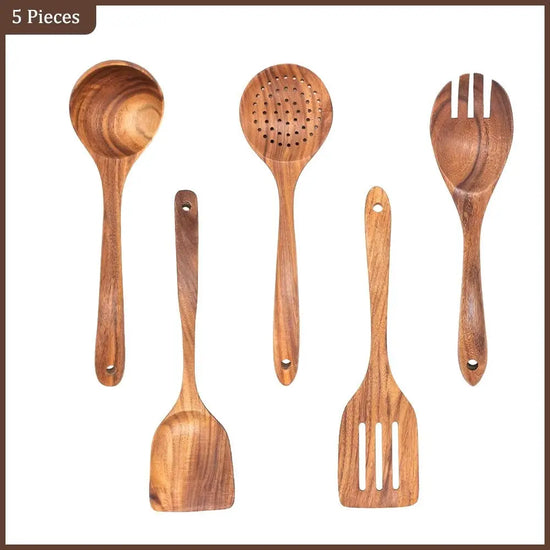 Natural Teak Wood Kitchen Tool Set: Spoon, Ladle, Turner, Rice Colander, and Soup Skimmer - KitchenKlout