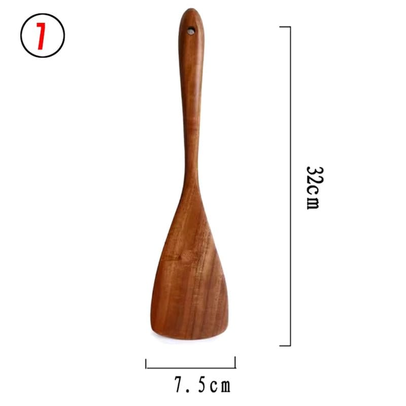 Natural Teak Wood Kitchen Tool Set: Spoon, Ladle, Turner, Rice Colander, and Soup Skimmer - KitchenKlout