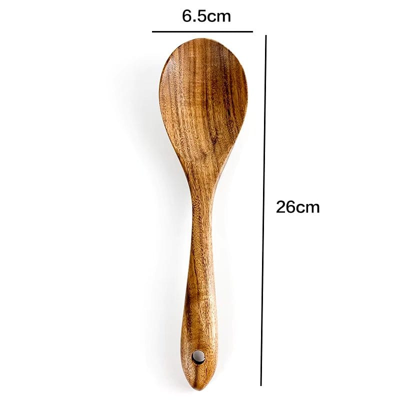 Natural Teak Wood Kitchen Tool Set: Spoon, Ladle, Turner, Rice Colander, and Soup Skimmer - KitchenKlout