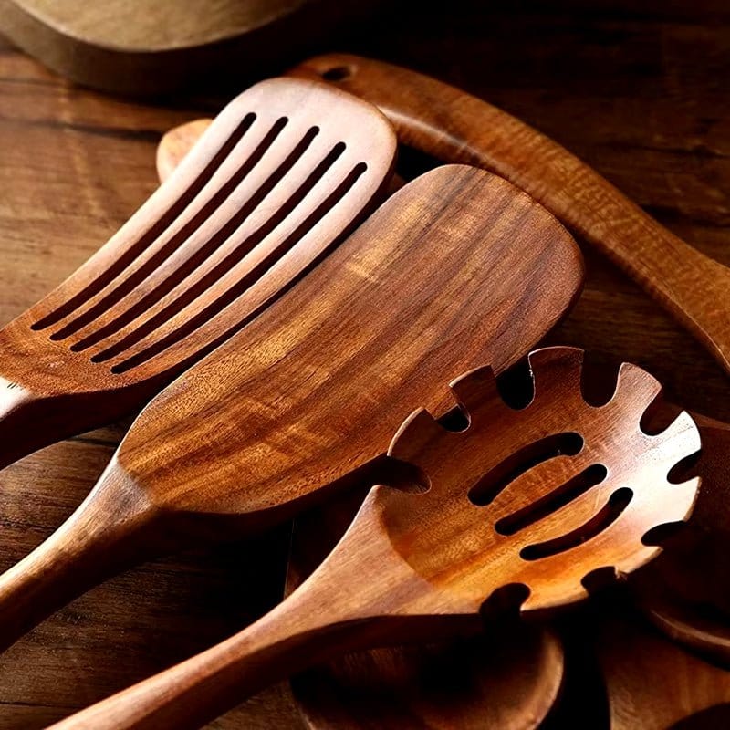 Natural Teak Wood Kitchen Tool Set: Spoon, Ladle, Turner, Rice Colander, and Soup Skimmer - KitchenKlout