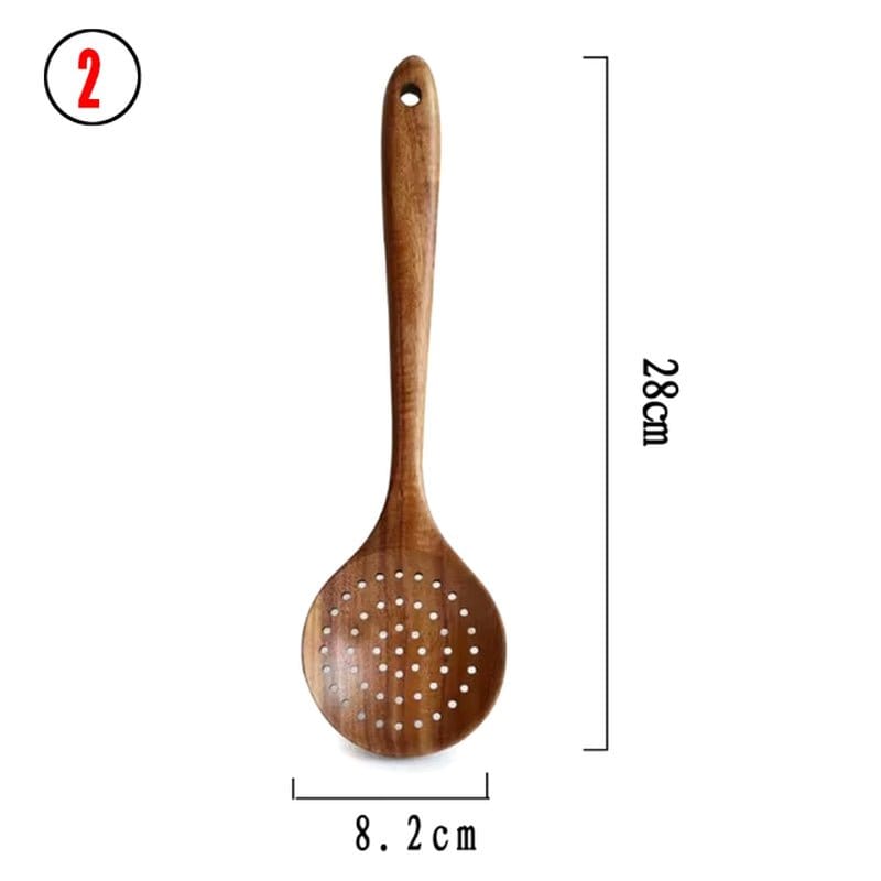 Natural Teak Wood Kitchen Tool Set: Spoon, Ladle, Turner, Rice Colander, and Soup Skimmer - KitchenKlout