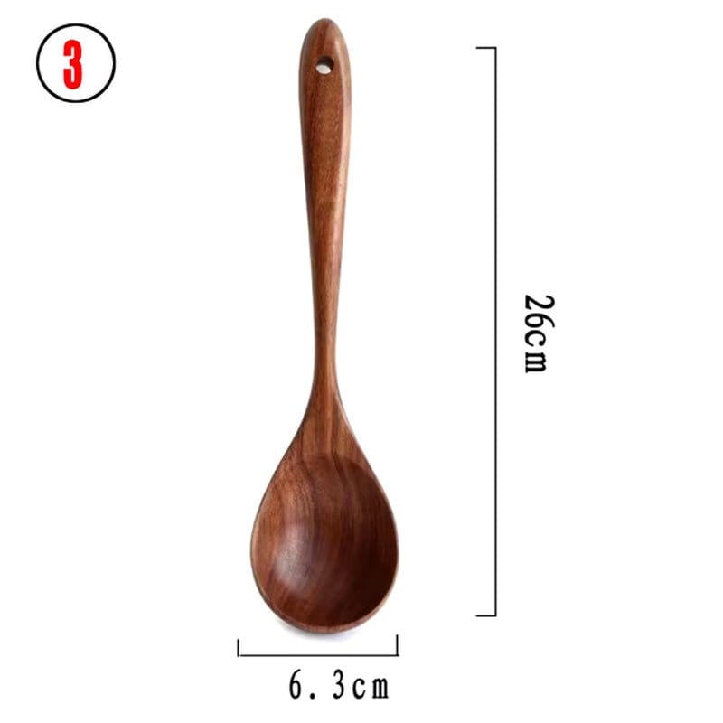 Natural Teak Wood Kitchen Tool Set: Spoon, Ladle, Turner, Rice Colander, and Soup Skimmer - KitchenKlout