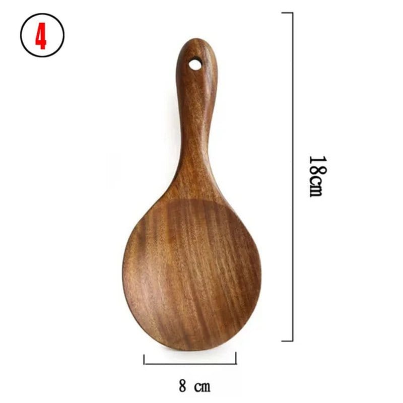Natural Teak Wood Kitchen Tool Set: Spoon, Ladle, Turner, Rice Colander, and Soup Skimmer - KitchenKlout