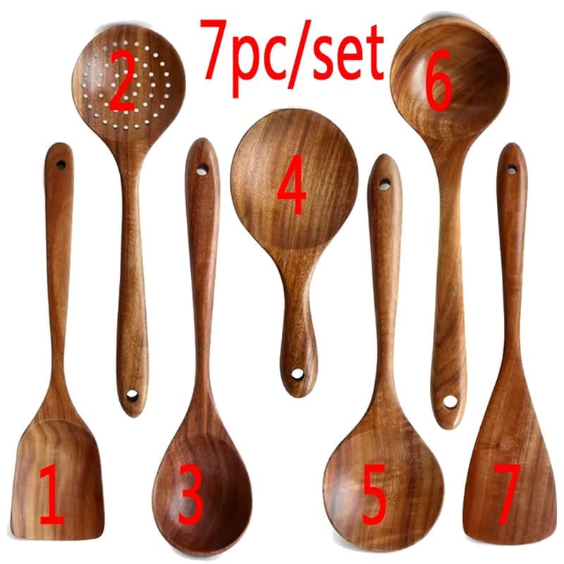 Natural Teak Wood Kitchen Tool Set: Spoon, Ladle, Turner, Rice Colander, and Soup Skimmer - KitchenKlout