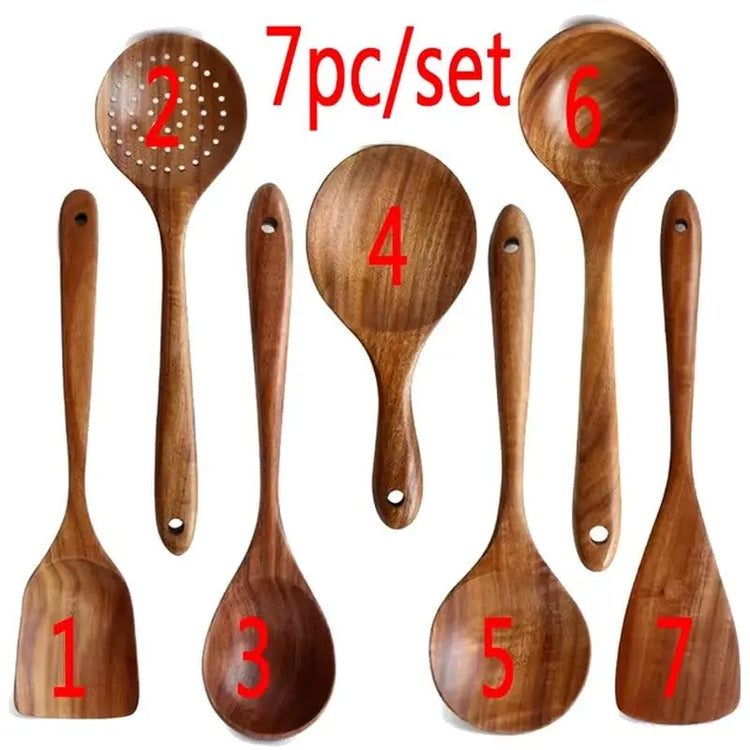 Natural Teak Wood Kitchen Tool Set: Spoon, Ladle, Turner, Rice Colander, and Soup Skimmer - KitchenKlout