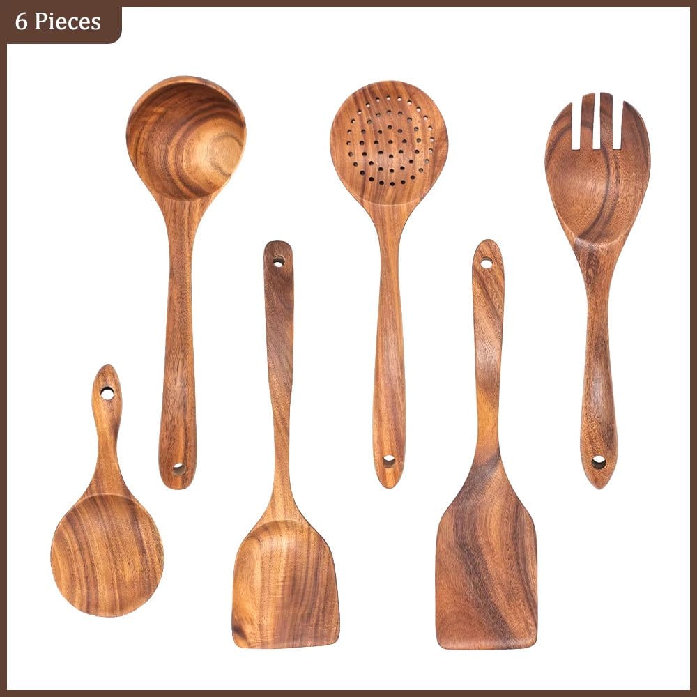 Natural Teak Wood Kitchen Tool Set: Spoon, Ladle, Turner, Rice Colander, and Soup Skimmer - KitchenKlout