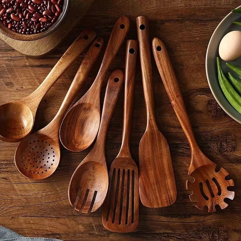 Natural Teak Wood Kitchen Tool Set: Spoon, Ladle, Turner, Rice Colander, and Soup Skimmer - KitchenKlout