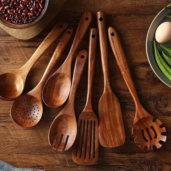 Natural Teak Wood Kitchen Tool Set: Spoon, Ladle, Turner, Rice Colander, and Soup Skimmer - KitchenKlout