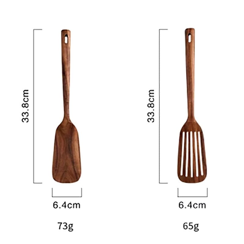 Natural Teak Wood Kitchen Tool Set: Spoon, Ladle, Turner, Rice Colander, and Soup Skimmer - KitchenKlout