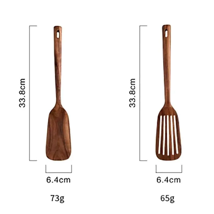 Natural Teak Wood Kitchen Tool Set: Spoon, Ladle, Turner, Rice Colander, and Soup Skimmer - KitchenKlout