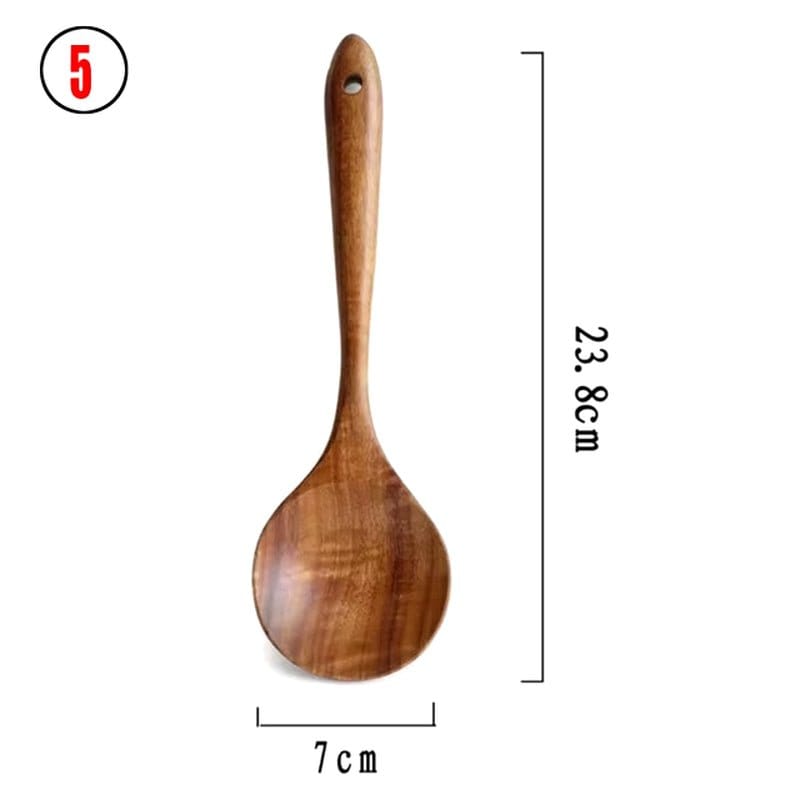 Natural Teak Wood Kitchen Tool Set: Spoon, Ladle, Turner, Rice Colander, and Soup Skimmer - KitchenKlout